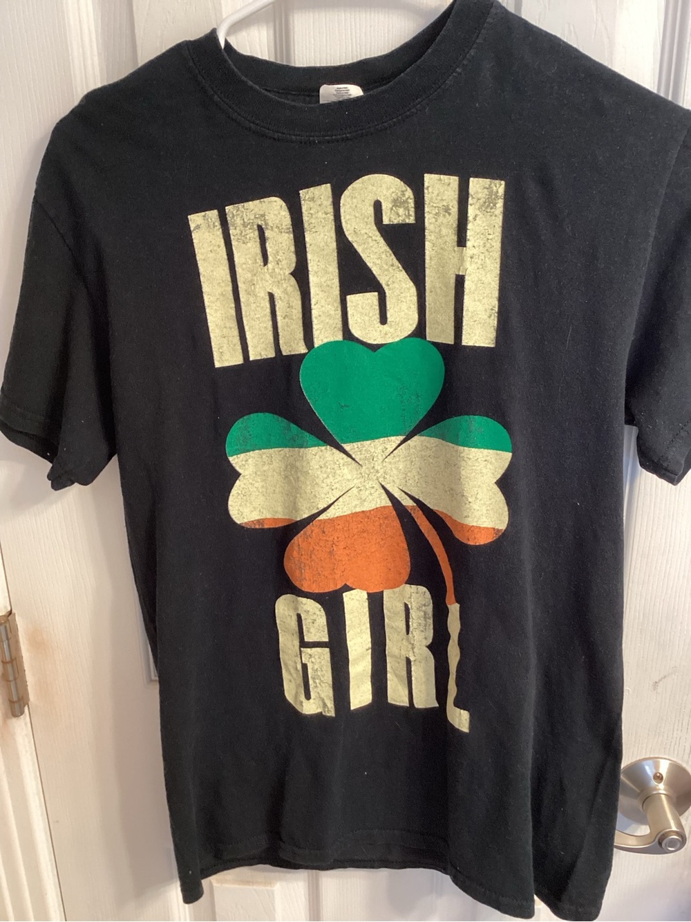 Irish Girl, Black Tee with Green, Shamrock, Size Small